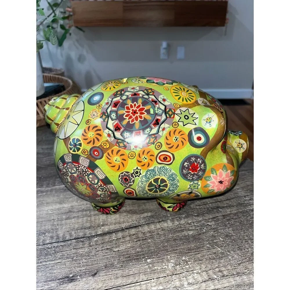 Vintage Folk Art Ceramic Mexican Pottery Piggy Bank Painted Old Retro Flowers 60